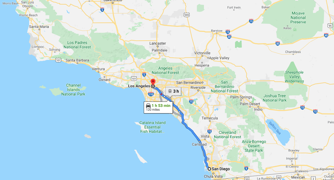 DISTANCE BETWEEN SAN DIEGO AND LOS ANGELES (L.A.)